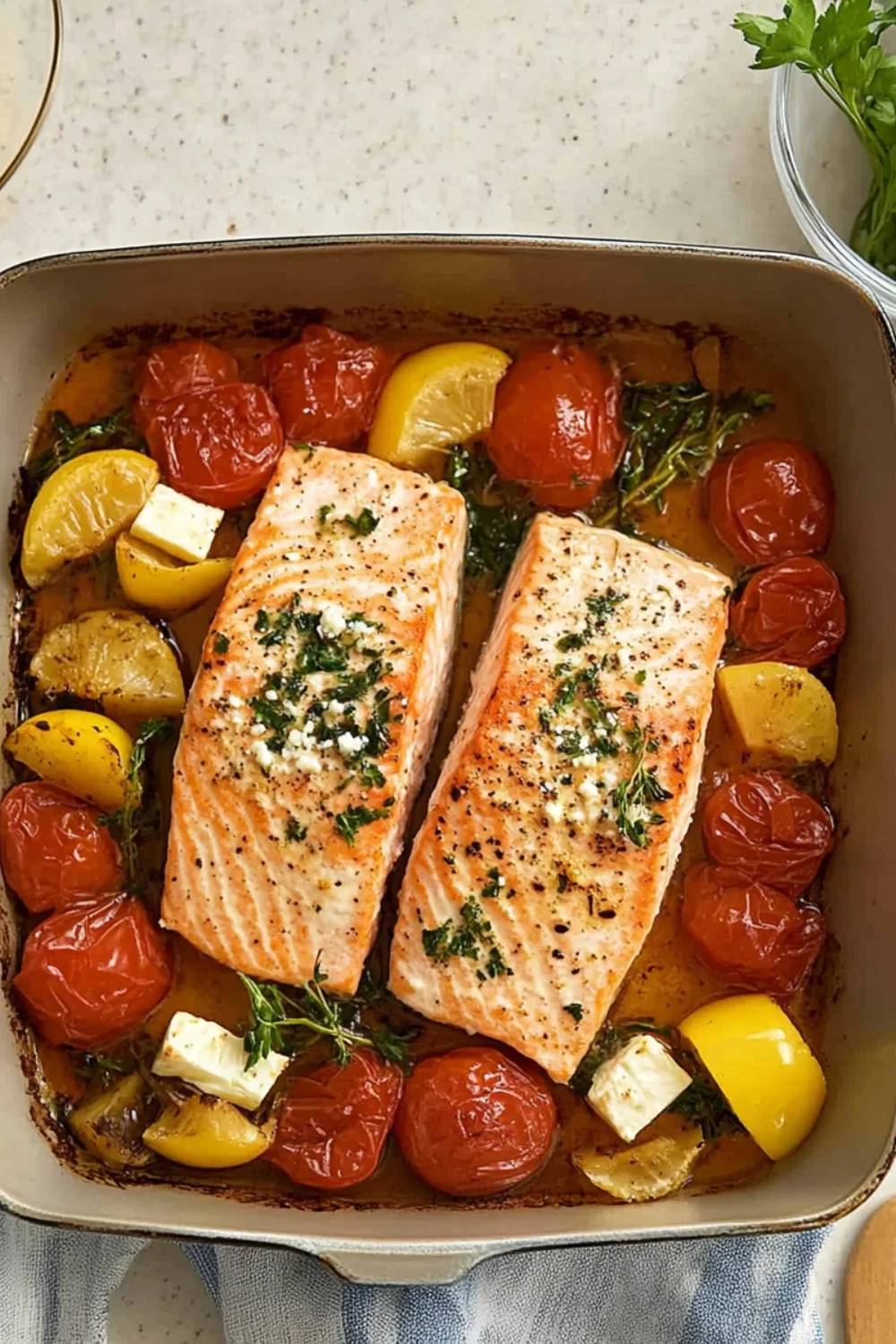 Baked feta salmon fillets with roasted cherry tomatoes, lemon wedges, and fresh thyme in a baking dish, drizzled with olive oil.