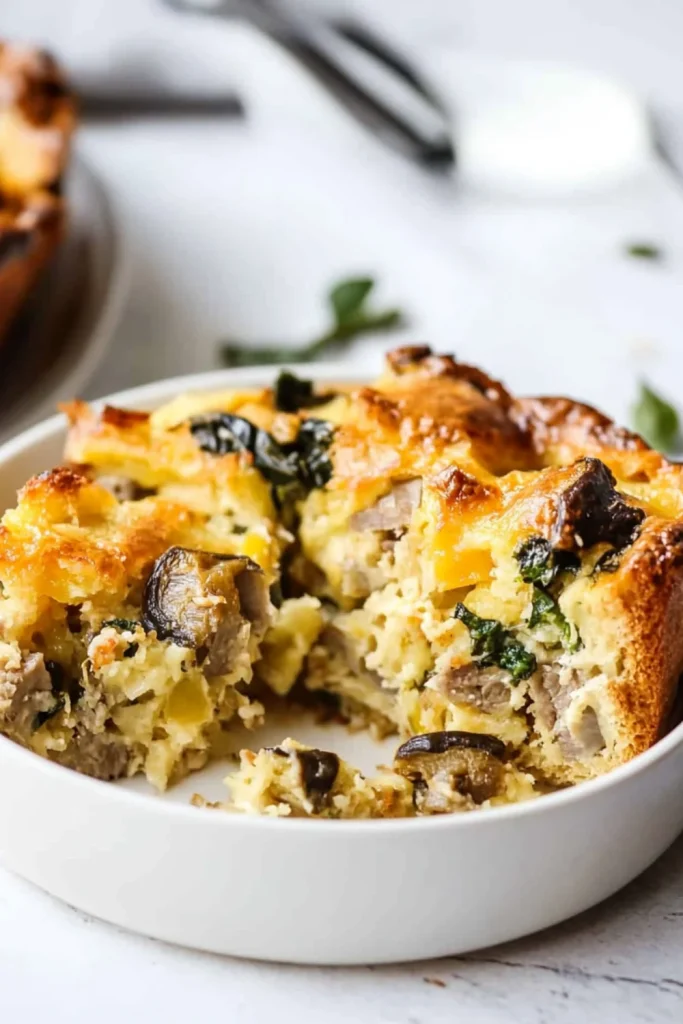 Close-up of veggie breakfast strata in a cast iron skillet with golden eggs, crusty bread, melted cheese, tomatoes, zucchini, and fresh herbs.