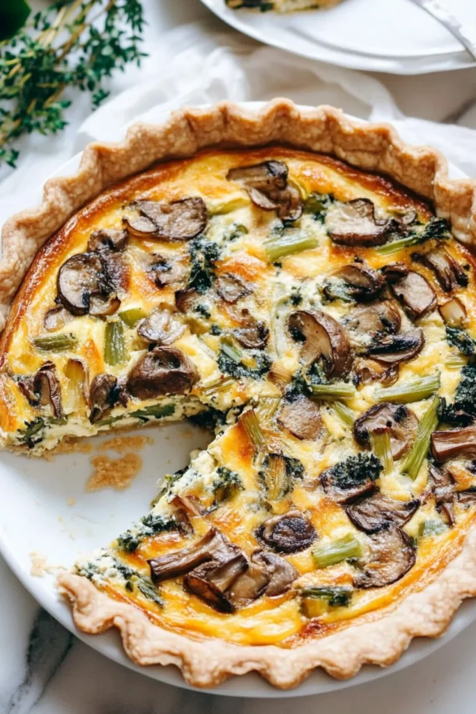 Golden brown gluten-free quiche baked with flaky crust, melted cheese, leeks, and mushrooms in a square pan.