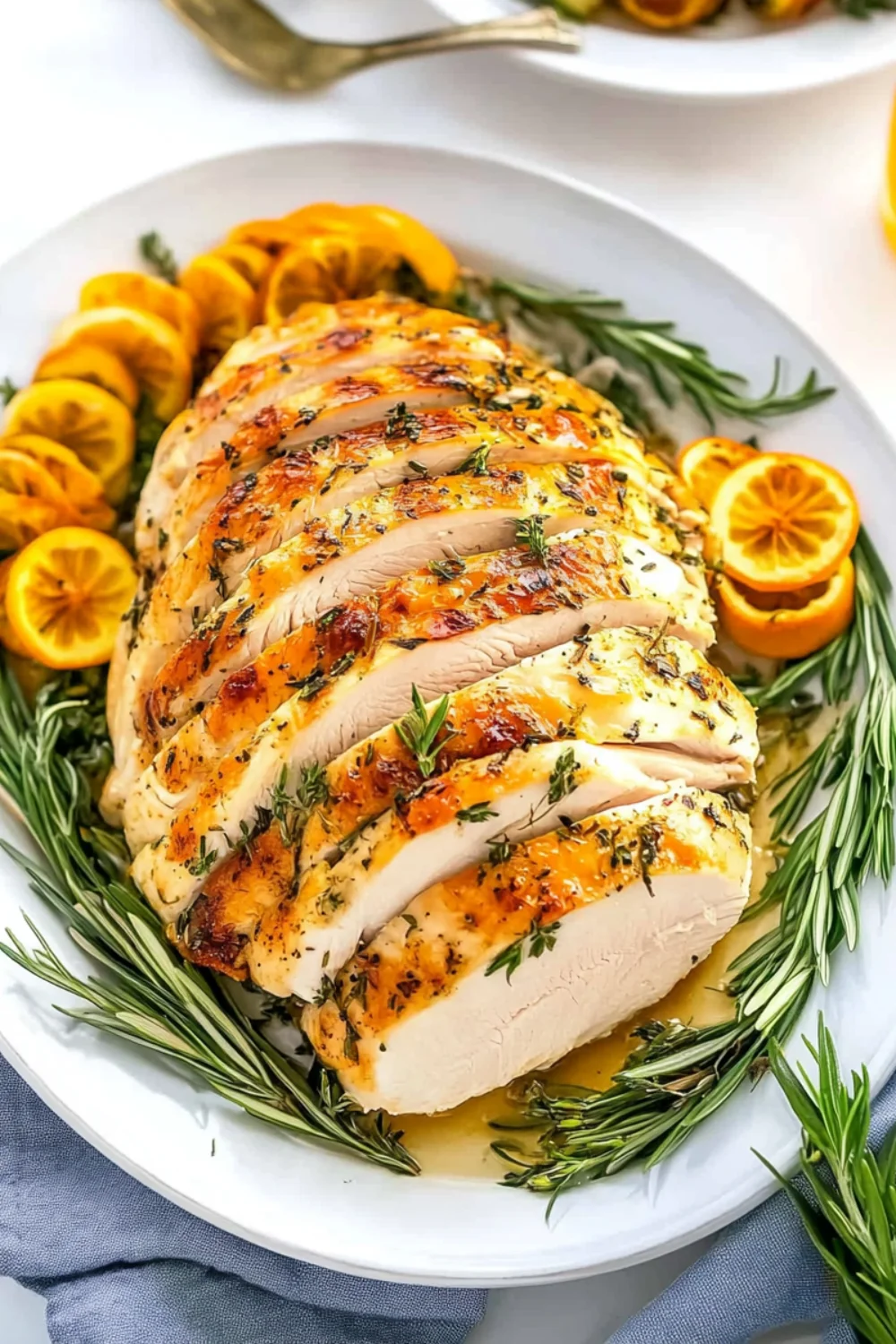Sliced roasted boneless turkey breast garnished with rosemary and orange slices.