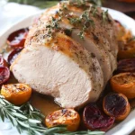 Sliced roasted boneless turkey breast garnished with rosemary and orange slices.
