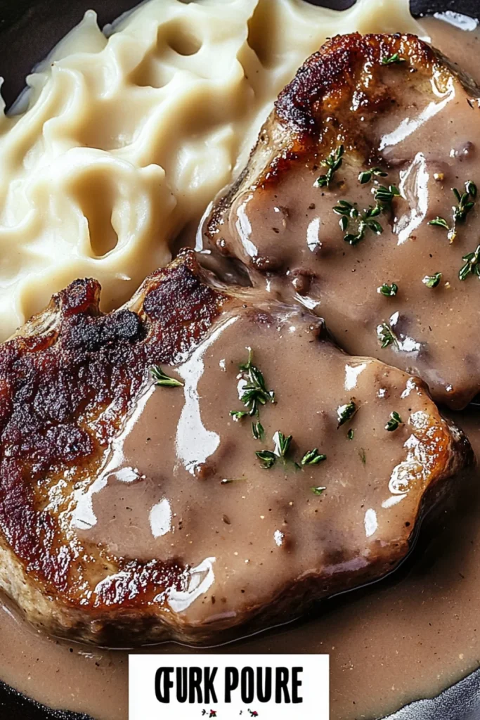 Close-up of juicy pork chops smothered in a creamy herb gravy, garnished with fresh parsley.