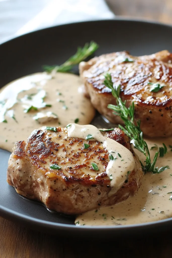 Seared pork chops topped with creamy Dijon-buttermilk sauce, garnished with fresh herbs on a dark plate.
