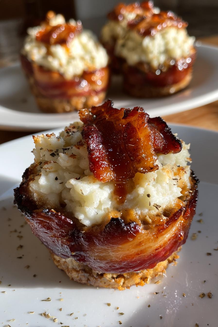 smoky bourbon bbq bacon wrapped meatloaf cupcakes with mashed potato frosting - detail 1